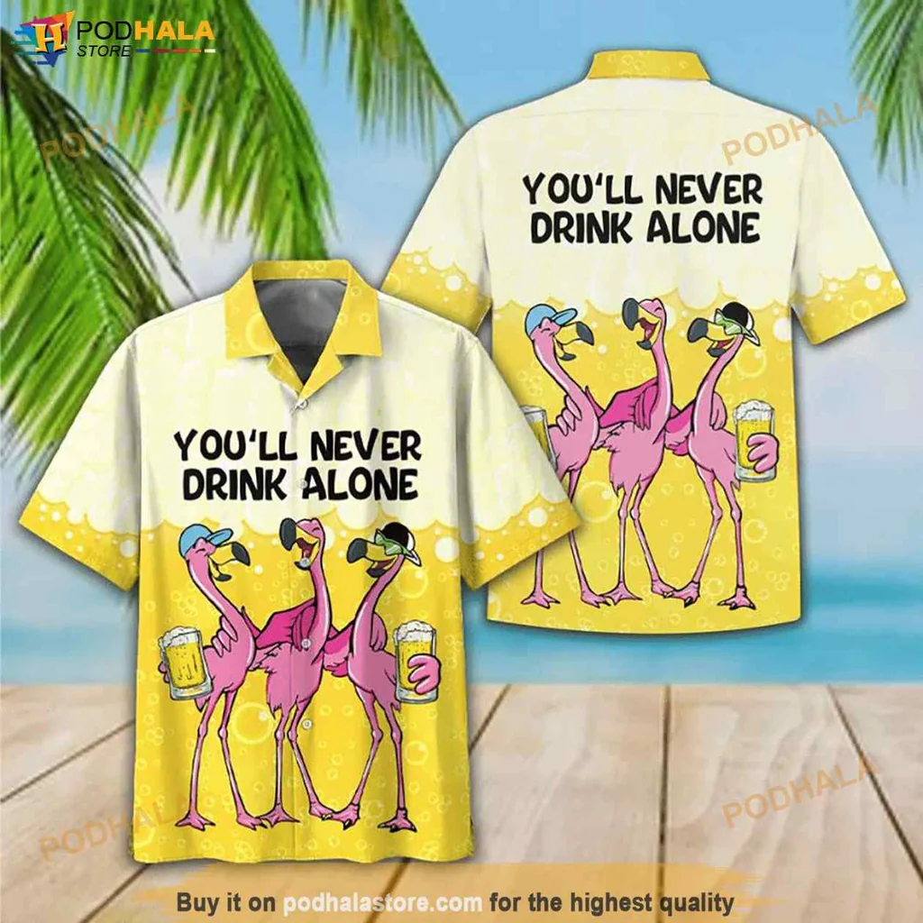 Flamingo Beer Aloha Shirt You’ll Never Drink Alone Fun Hawaiian Design