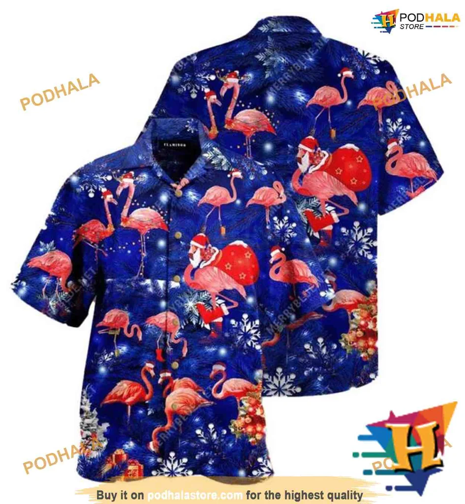 Flamingo Christmas Hawaiian Shirt With Santa Hats And Tropical Flowers