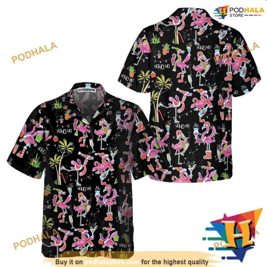 Flamingo Christmas Hawaiian Shirt With Santa Hats And Tropical Vibes