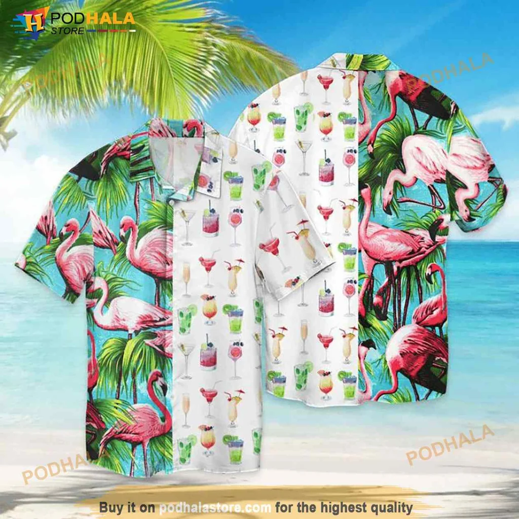 Flamingo Cocktail Hawaiian Shirt With Tropical Drinks And Colorful Design