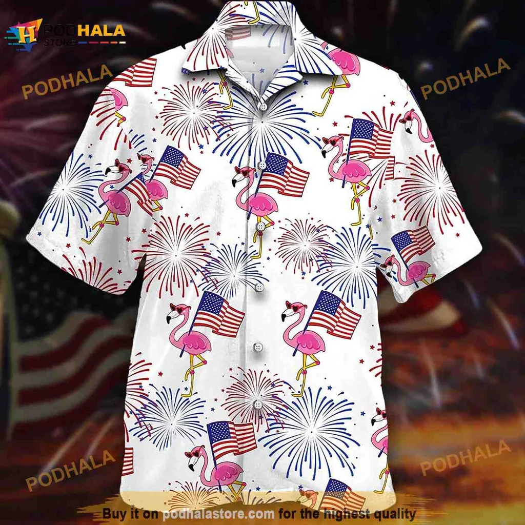 Flamingo Fireworks 4th Of July Hawaiian Shirt With American Flags