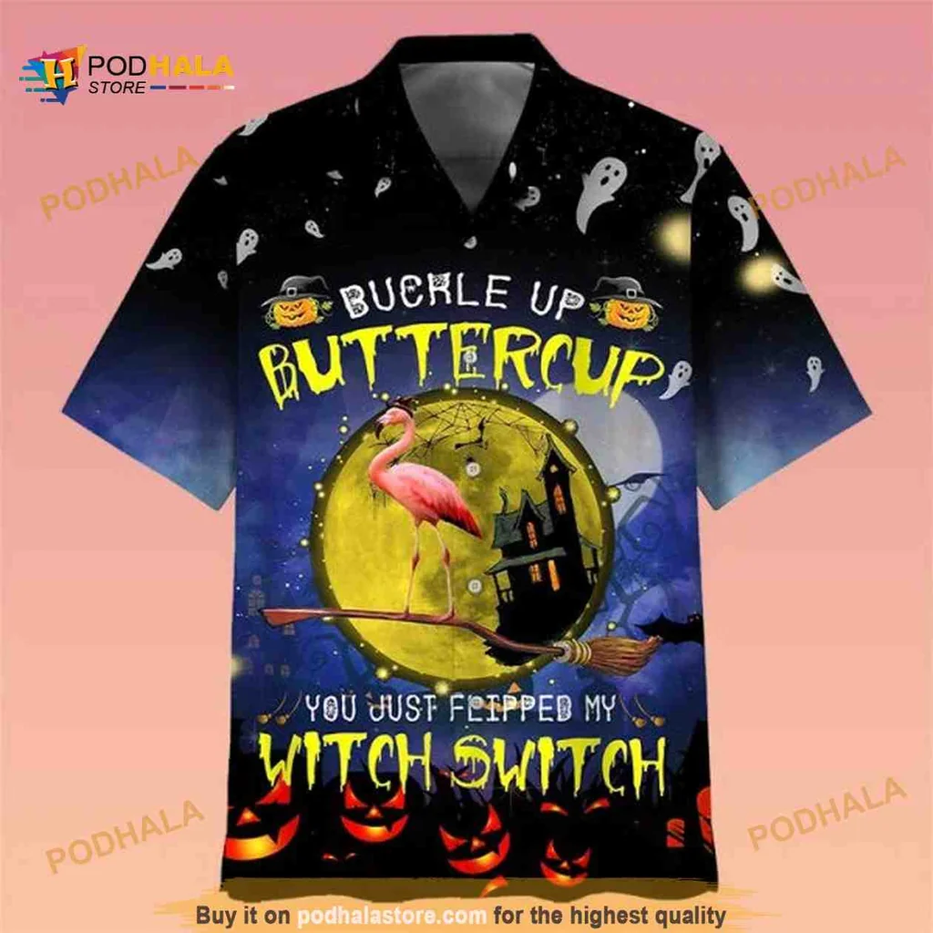 Flamingo Halloween Aloha Shirt With Buckle Up Buttercup Design