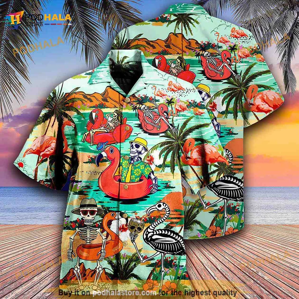 Flamingo Skeleton Tropical Hawaiian Shirt With Palm Trees And Pool Floats