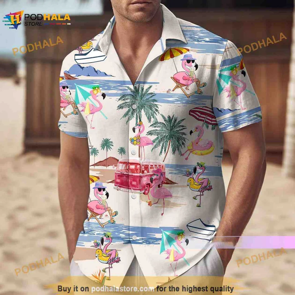 Flamingo Tropical Beach Hawaiian Shirt With Vintage Van And Palm Trees