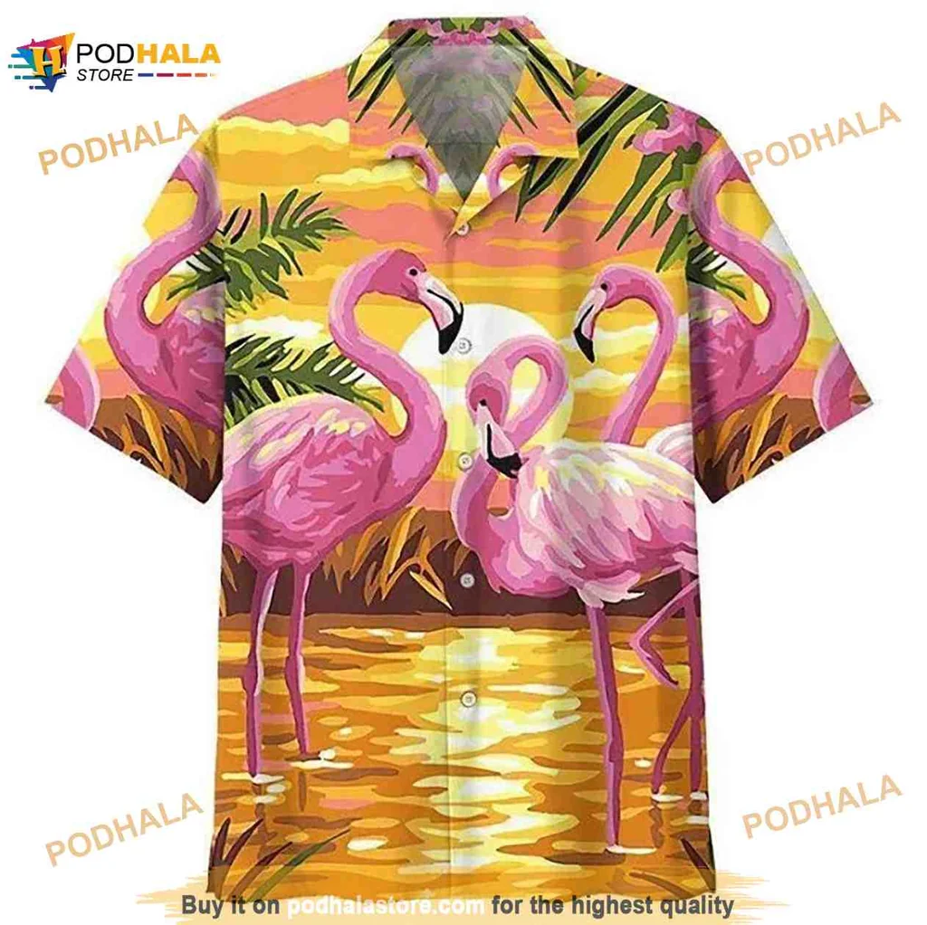Flamingo Tropical Hawaiian Shirt Featuring Vibrant Sunset Design