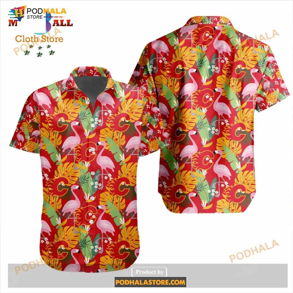Flamingo Tropical Aloha Shirt With Colorful Floral Design Flamingo Tropical Aloha Shirt With Colorful Floral Design