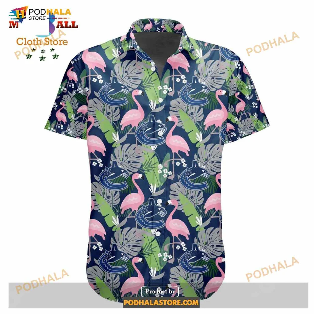 Flamingo Tropical Hawaiian Shirt With Pink Flamingos And Tropical Leaves