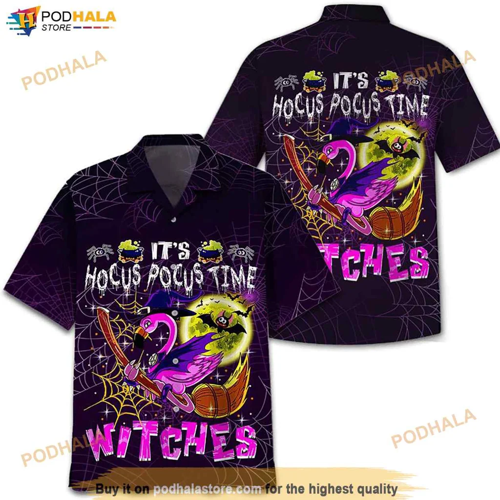Flamingo Witch Hawaiian Shirt, Its Hocus Pocus Time Witches Design