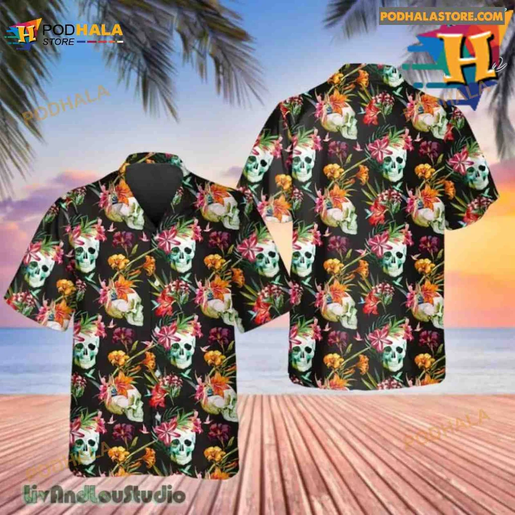Floral Skull Tropical Hawaiian Shirt With Colorful Flowers And Black Background