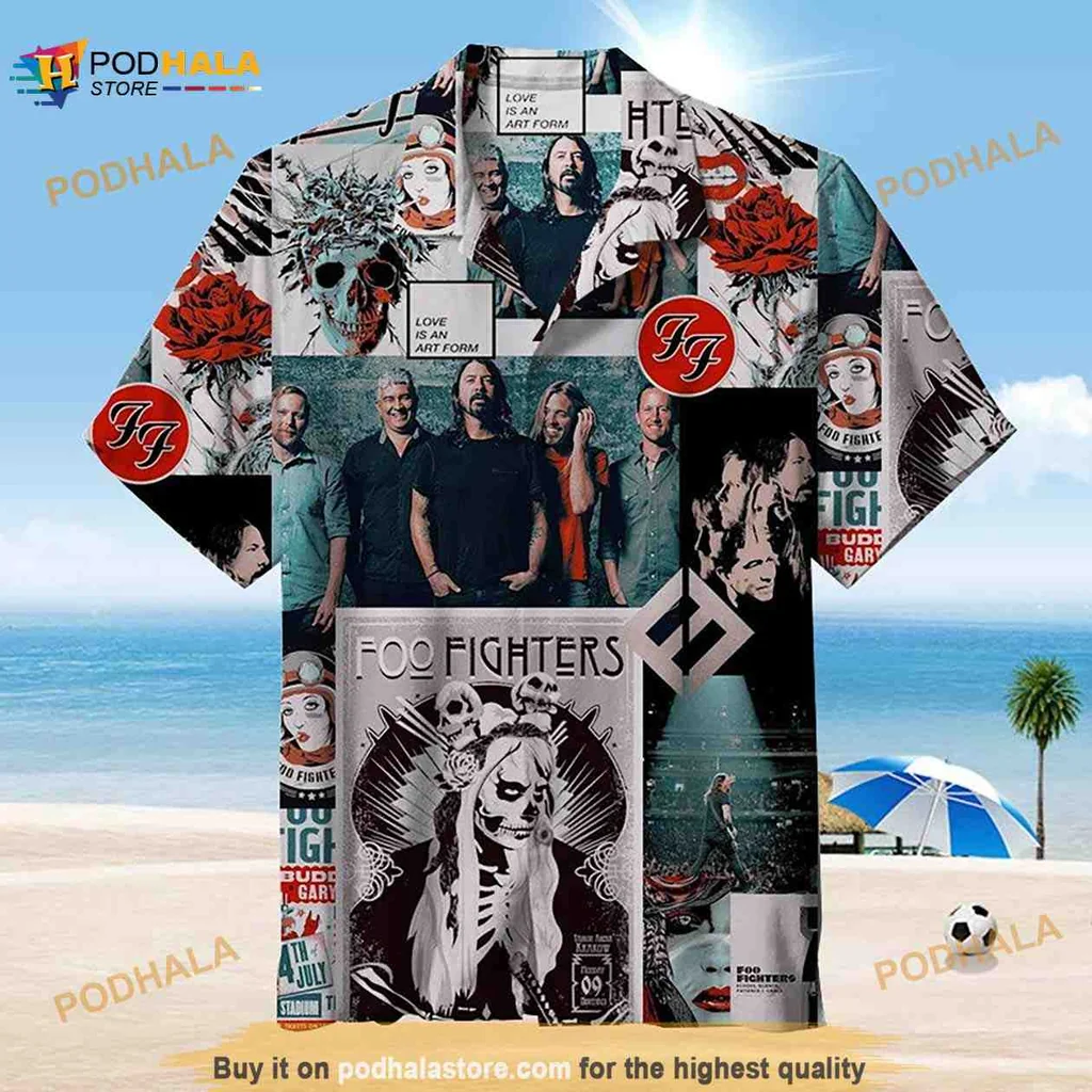 Foo Fighters Floral Hawaiian Shirt Featuring Band Portraits And Roses