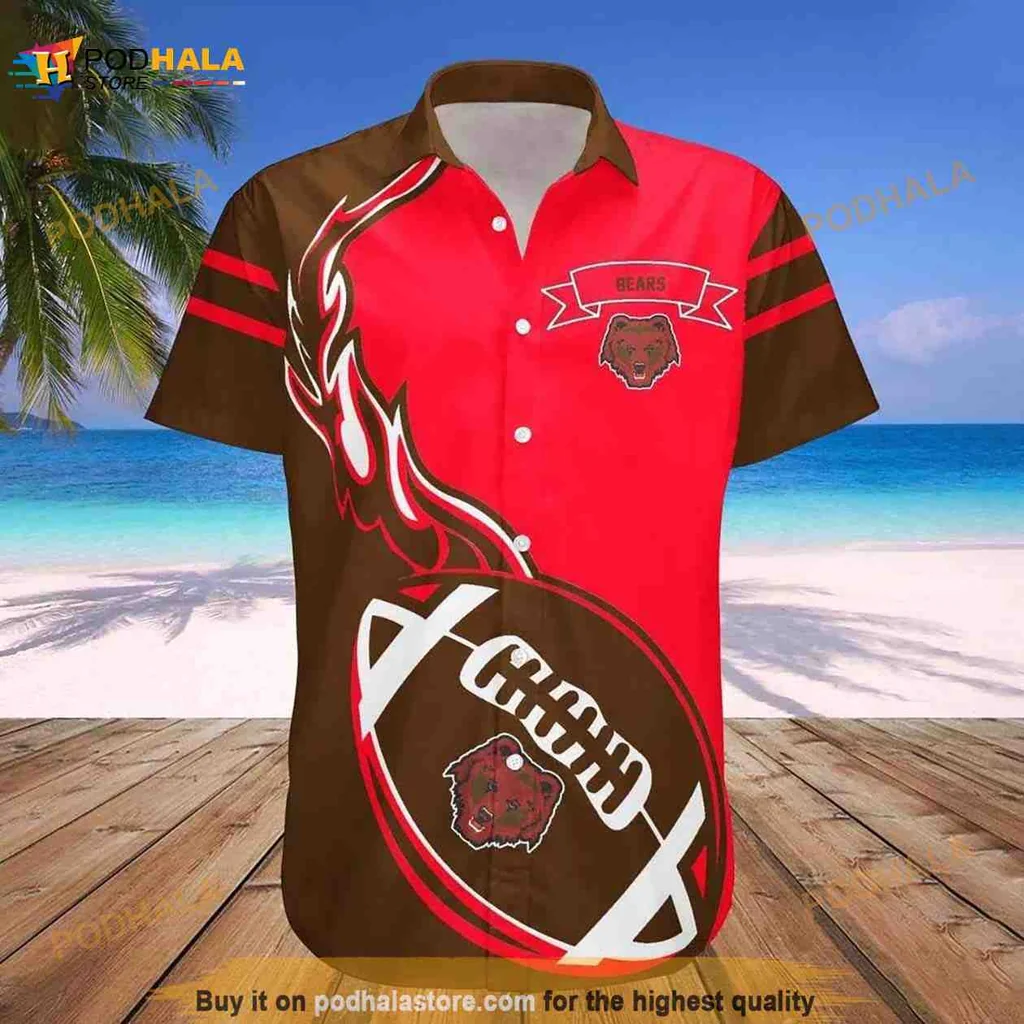 Football Bear Flames Hawaiian Shirt With Bold Red And Brown Design