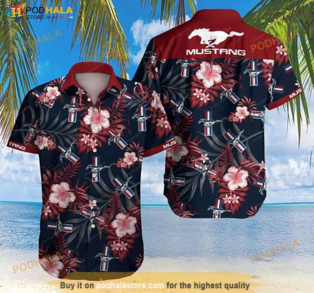 Ford Mustang Hawaiian Shirt, Vibrant Tropical Design With Hibiscus And Palm Leaves