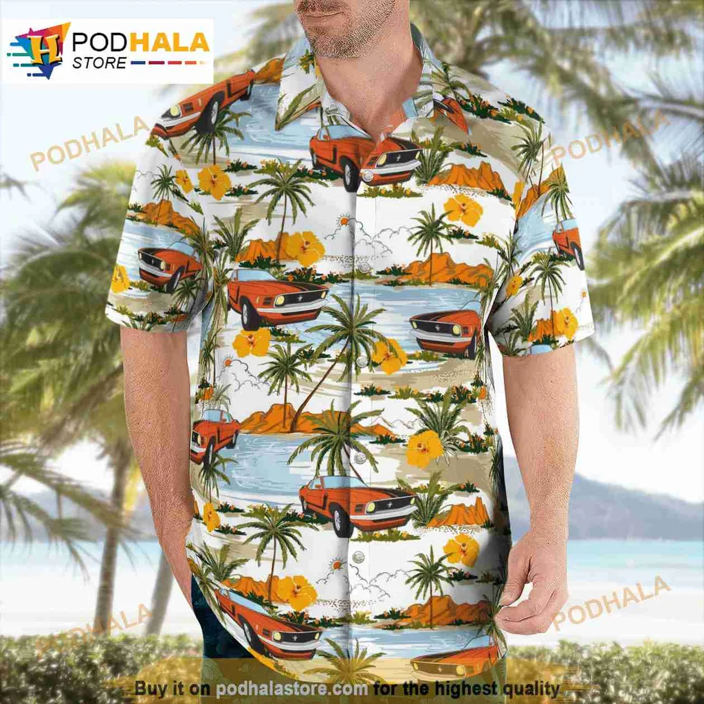 Ford Mustang Tropical Hawaiian Shirt With Classic Cars And Beach Vibes