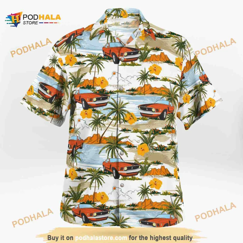 Ford Mustang Tropical Hawaiian Shirt With Retro Beach Design
