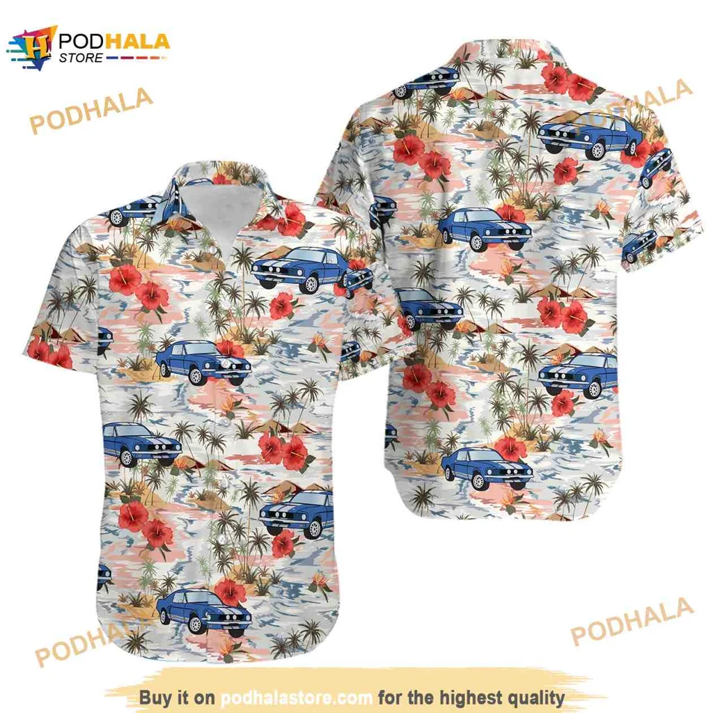Ford Mustang Tropical Hawaiian Shirt With Vibrant Beach Design