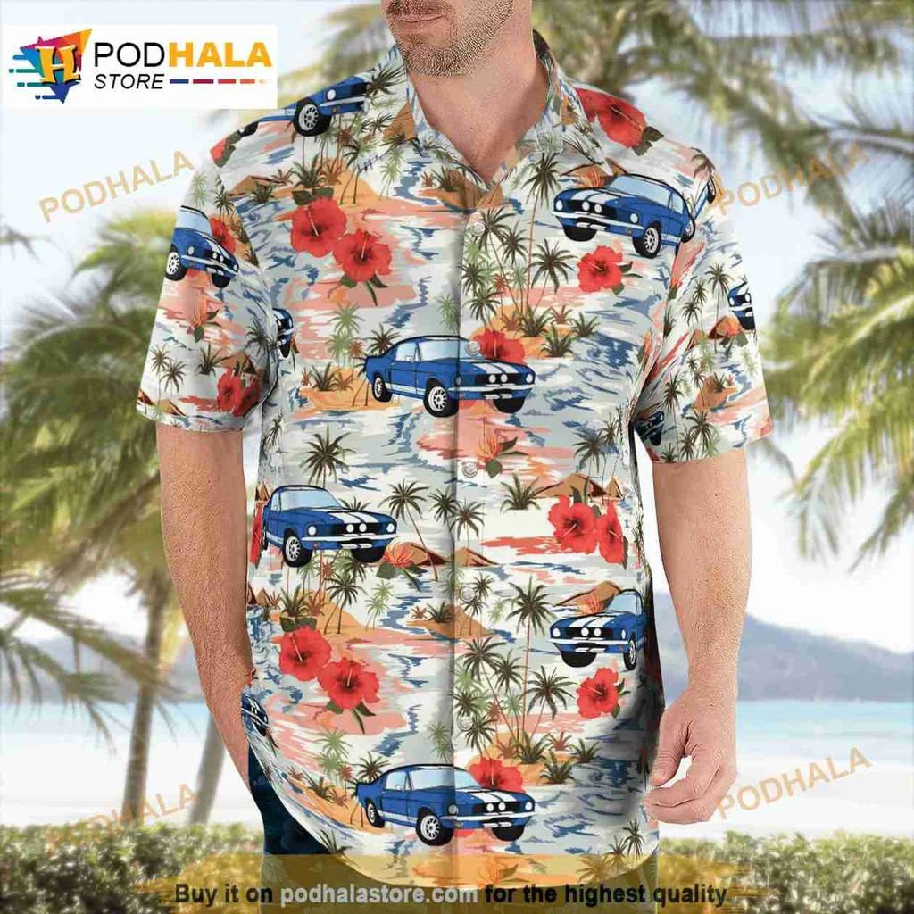 Ford Mustang Tropical Hawaiian Shirt With Vibrant Hibiscus Design
