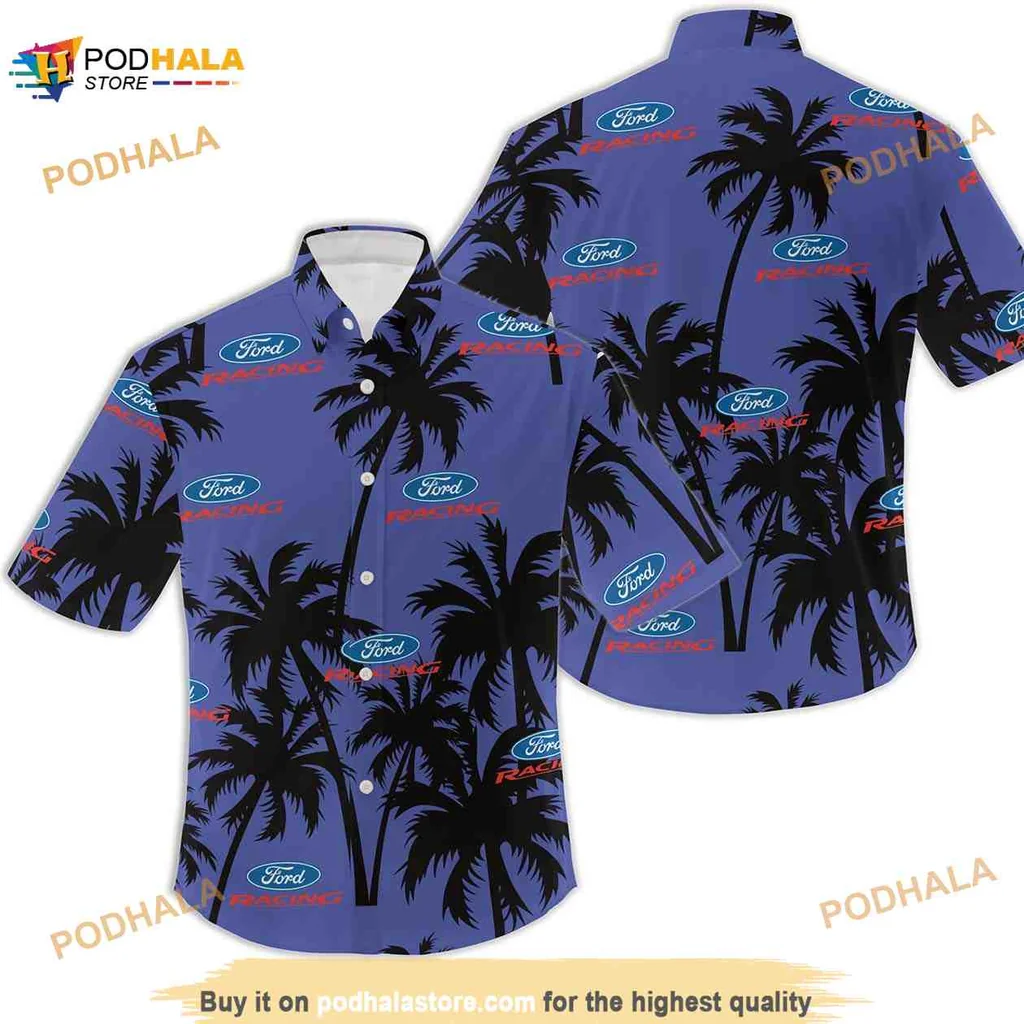 Ford Racing Tropical Hawaiian Shirt With Palm Trees And Bold Logo