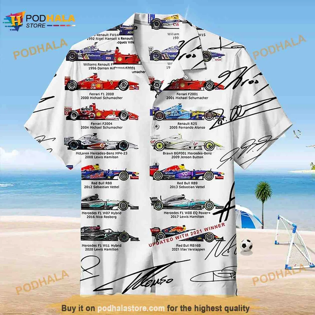 Formula One Racing Fan Aloha Shirt Featuring Colorful Championship Cars