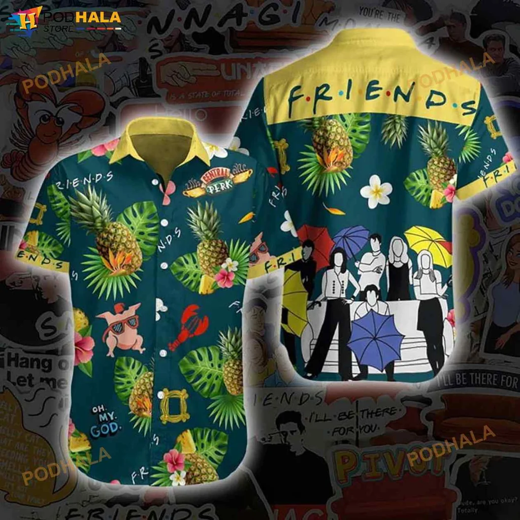 Friends Cartoon Hawaiian Shirt With Colorful Pineapples And Floral Design