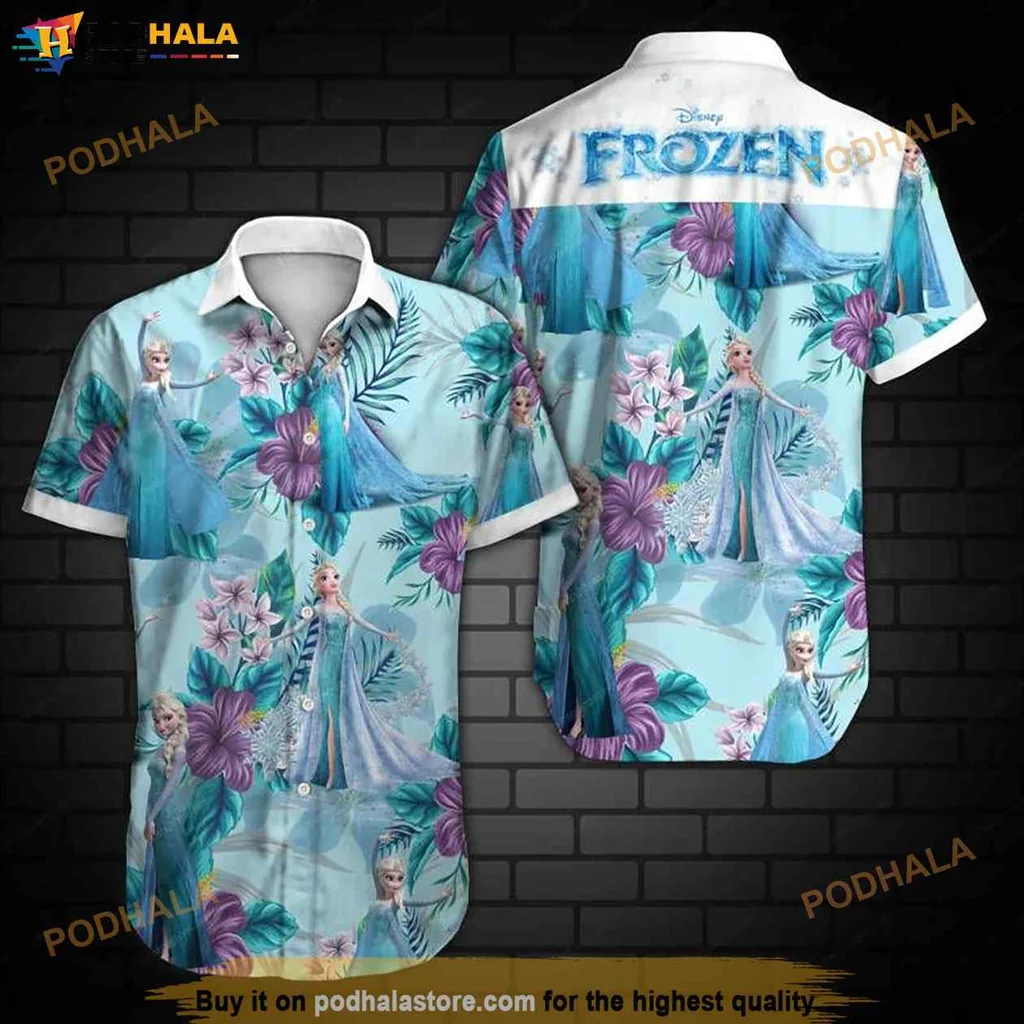 Frozen Elsa Hawaiian Shirt, Vibrant Tropical Design With Hibiscus Flowers
