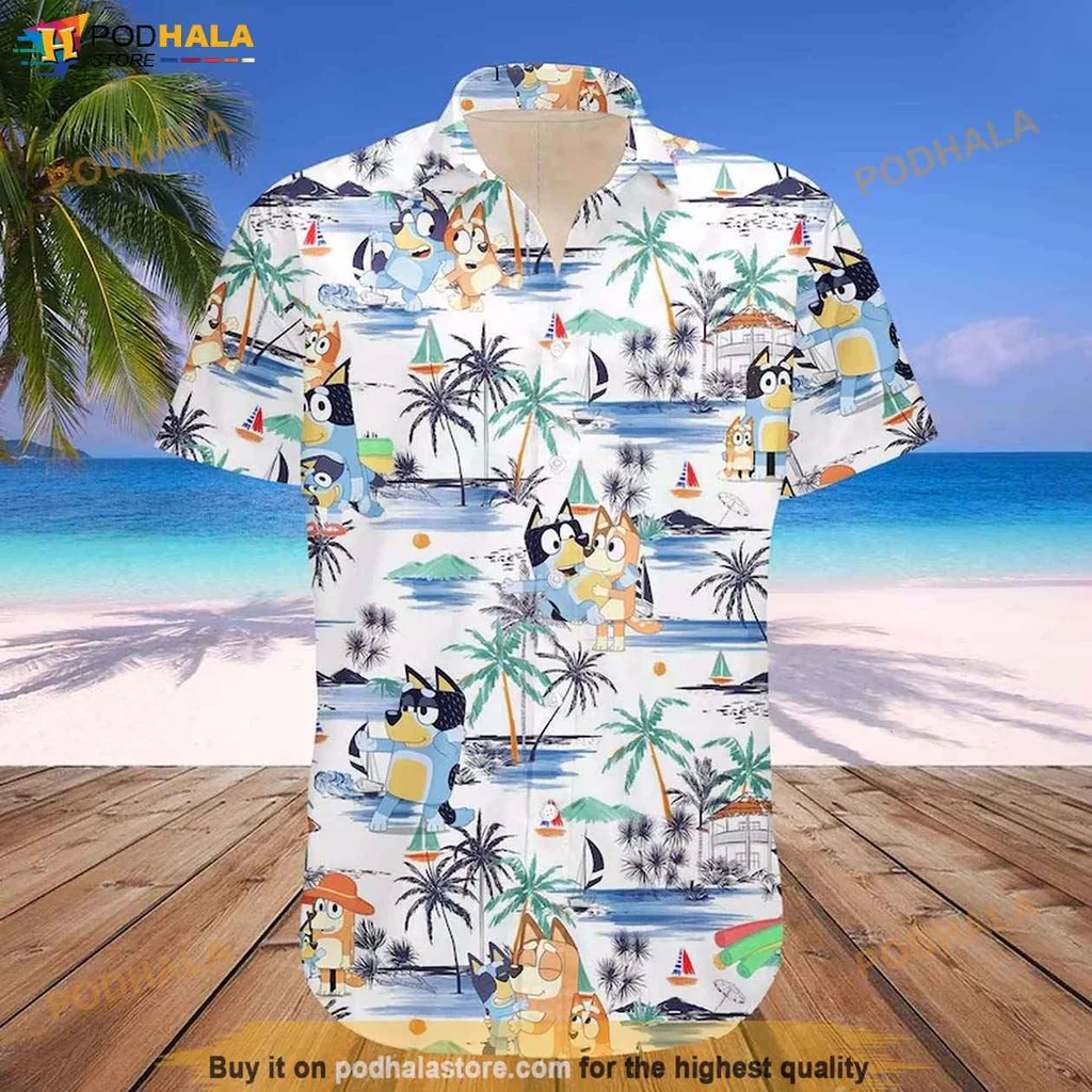 Fun Bluey Dog Aloha Shirt, Vibrant Kids Shirt With Bluey And Bingo Design