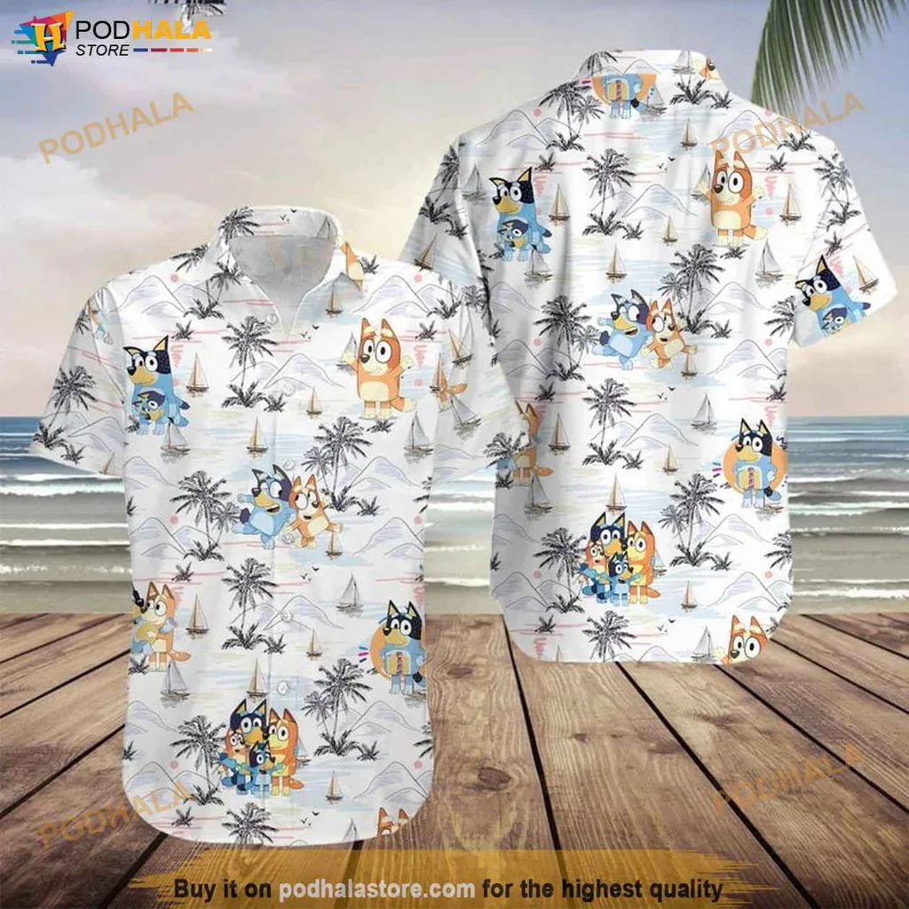 Fun Summer Bluey Hawaiian Shirt With Bingo And Bluey, Tropical Beach Design