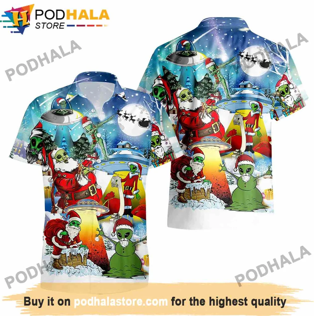 Funny Alien Santa Hawaiian Shirt, Quirky Christmas Gift With Vibrant Design