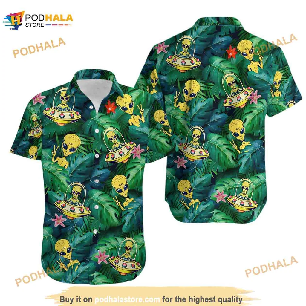 Funny Alien Ufo Hawaiian Shirt With Cartoonish Design And Tropical Vibes