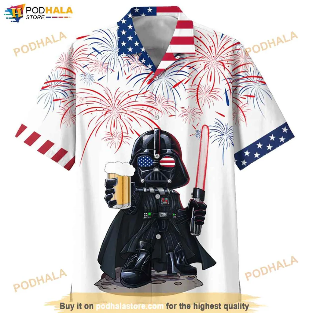 Funny Armored Character Hawaiian Shirt Featuring Darth Vader With Beer And Fireworks