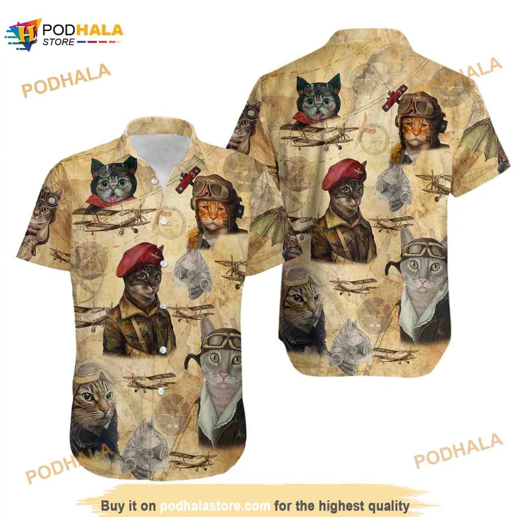 Funny Aviator Cat Hawaiian Shirt, Whimsical Cat Design With Airplanes