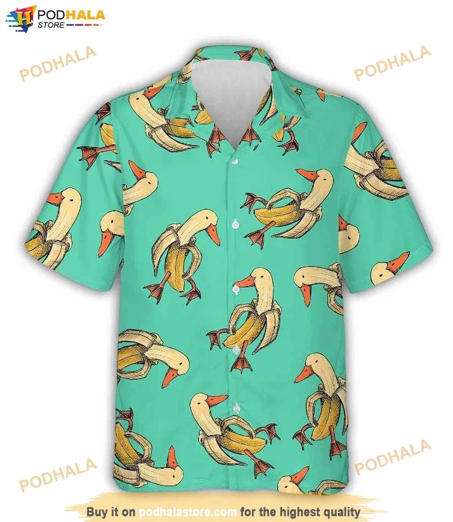 Funny Banana Duck Aloha Shirt, Vibrant Turquoise Summer Button Down Shirt