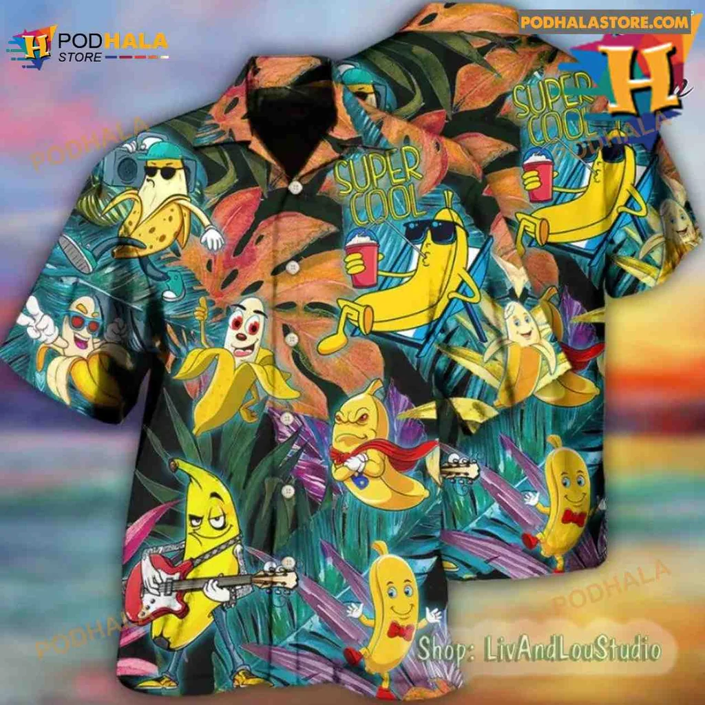Funny Banana Tropical Hawaiian Shirt With Cartoon Characters And Guitar