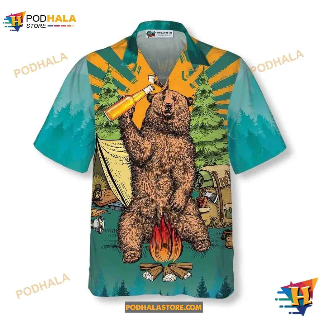 Funny Bear Camping Aloha Shirt, Cartoon Bear With Beer And Campfire