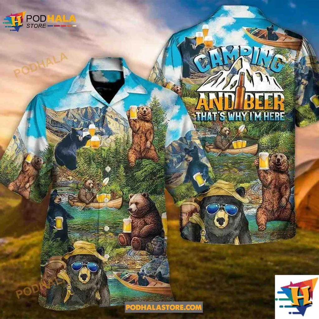Funny Bear Camping Aloha Shirt With Beer For Summer Adventures