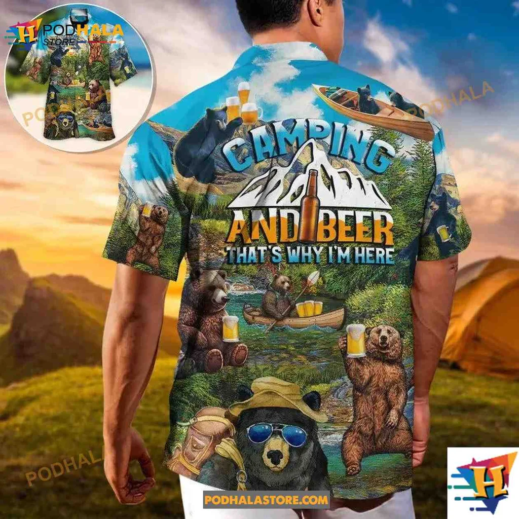 Funny Bear Camping Short-sleeve button-up shirt With Beer For Summer Adventures Funny Bear Camping Short-sleeve button-up shirt With Beer For Summer Adventures