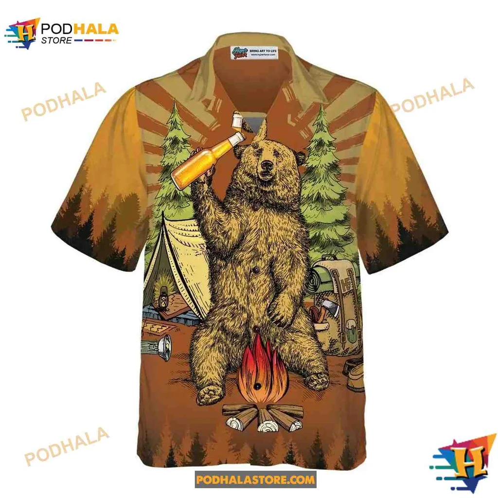Funny Bear Camping Hawaiian Shirt, Cartoon Bear With Beer And Campfire
