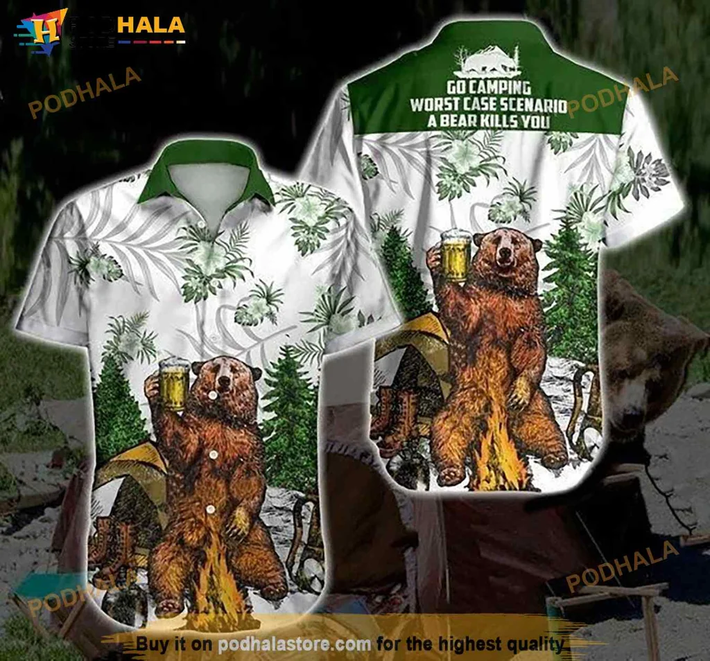 Funny Bear Camping Hawaiian Shirt With Humorous Worst Case Scenario Design