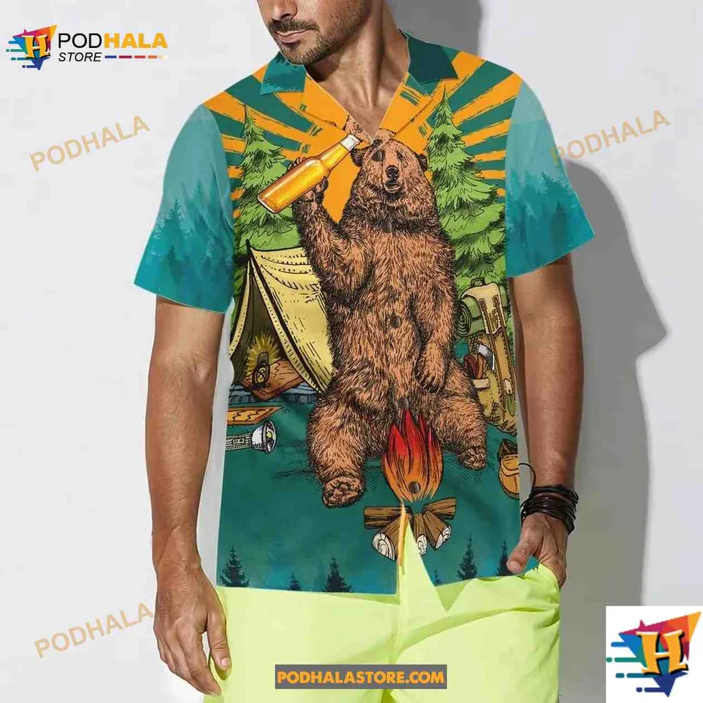 Funny Bear Drinking Beer Tropical Shirt With Cartoon Design Funny Bear Drinking Beer Tropical Shirt With Cartoon Design