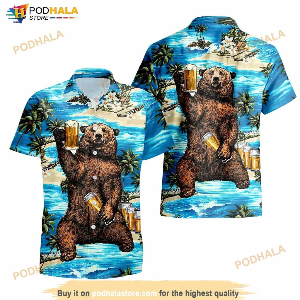 Funny Bear Drinking Beer Hawaiian Shirt With Tropical Beach Scene
