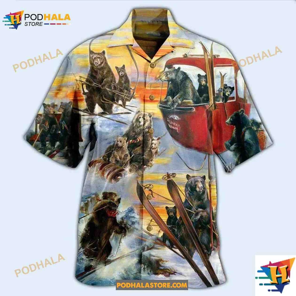Funny Bear Skiing Hawaiian Shirt With Colorful Sunset Design