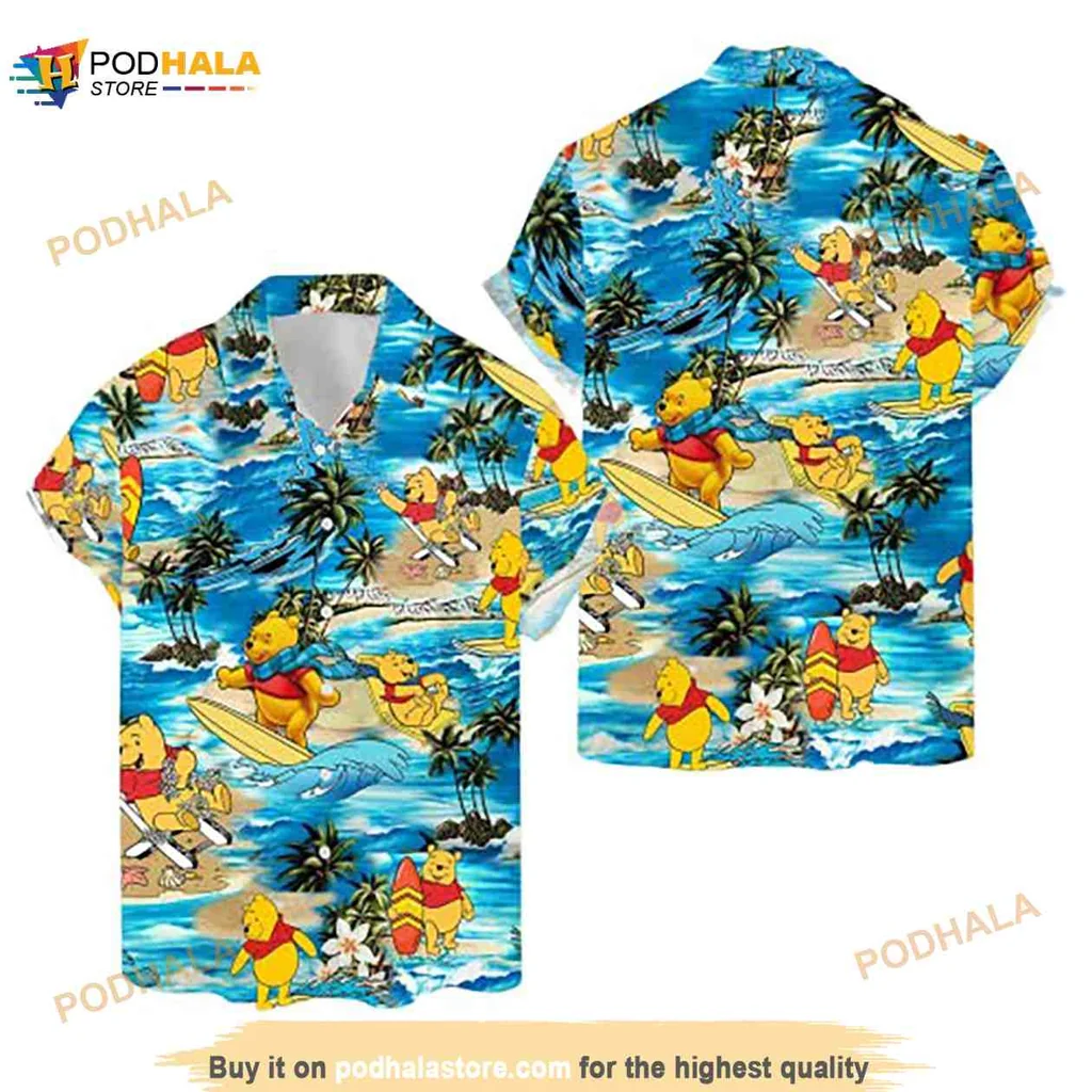 Funny Bear Surfing Hawaiian Shirt, Cartoon Design With Tropical Vibes