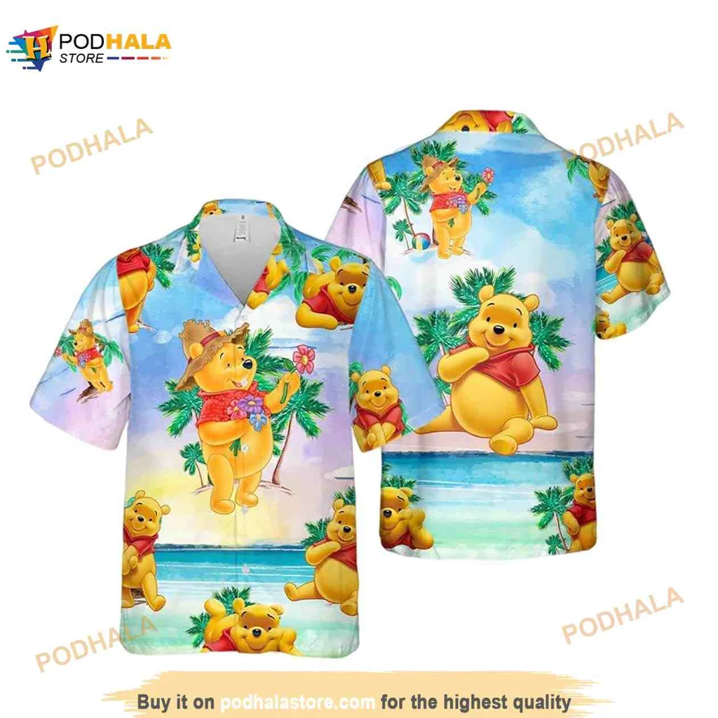 Funny Bear Tropical Hawaiian Shirt, Bright Yellow Design With Red Flowers