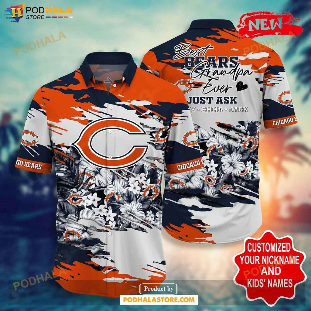Funny Bears Grandpa Hawaiian Shirt, Vibrant Chicago Bears Design With Floral Elements