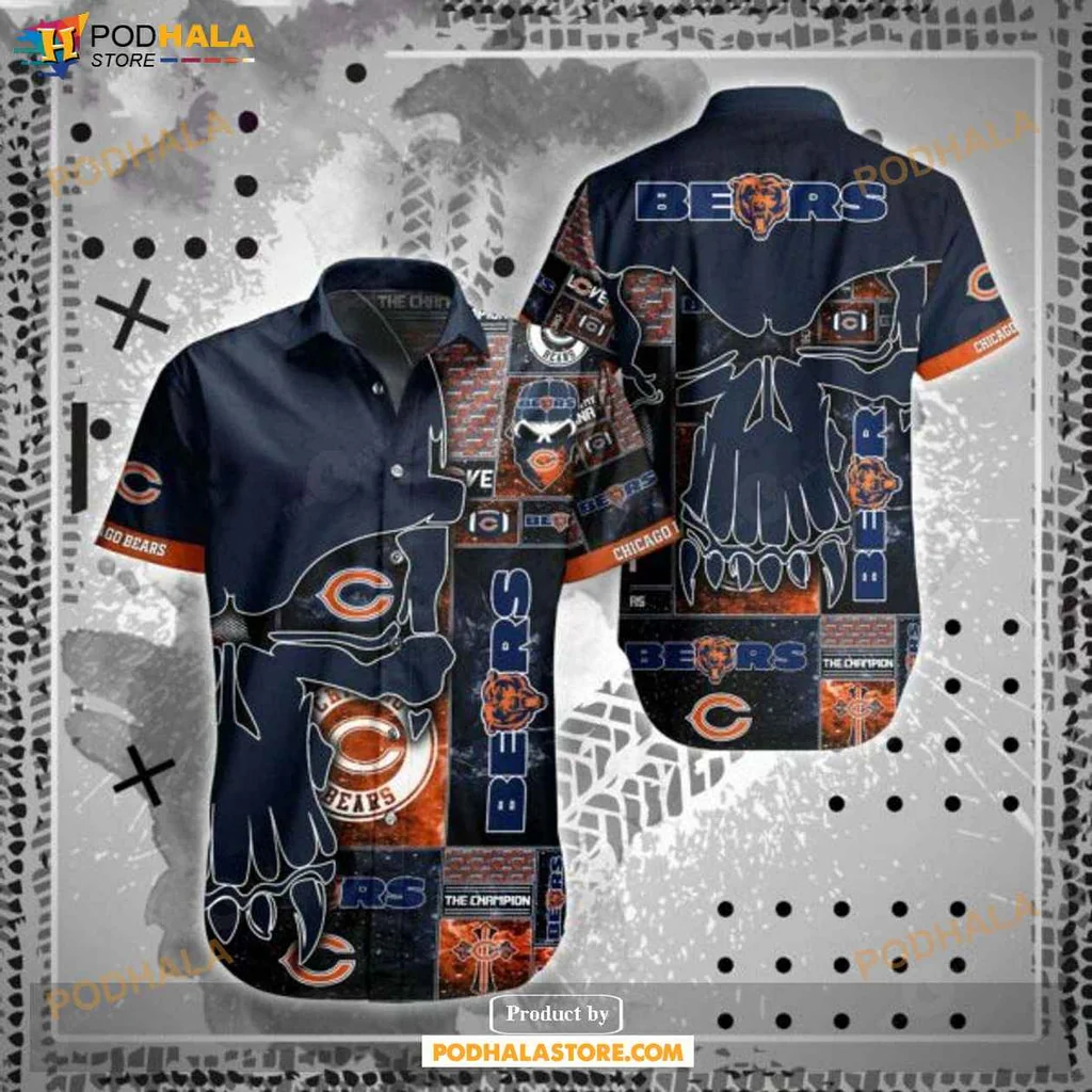 Funny Bears Skull Hawaiian Shirt, Bold Chicago Bears Design In Navy Blue And Orange