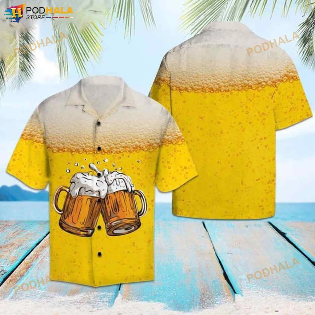 Funny Beer Aloha Hawaiian Shirt With Clinking Mugs And Tropical Vibe