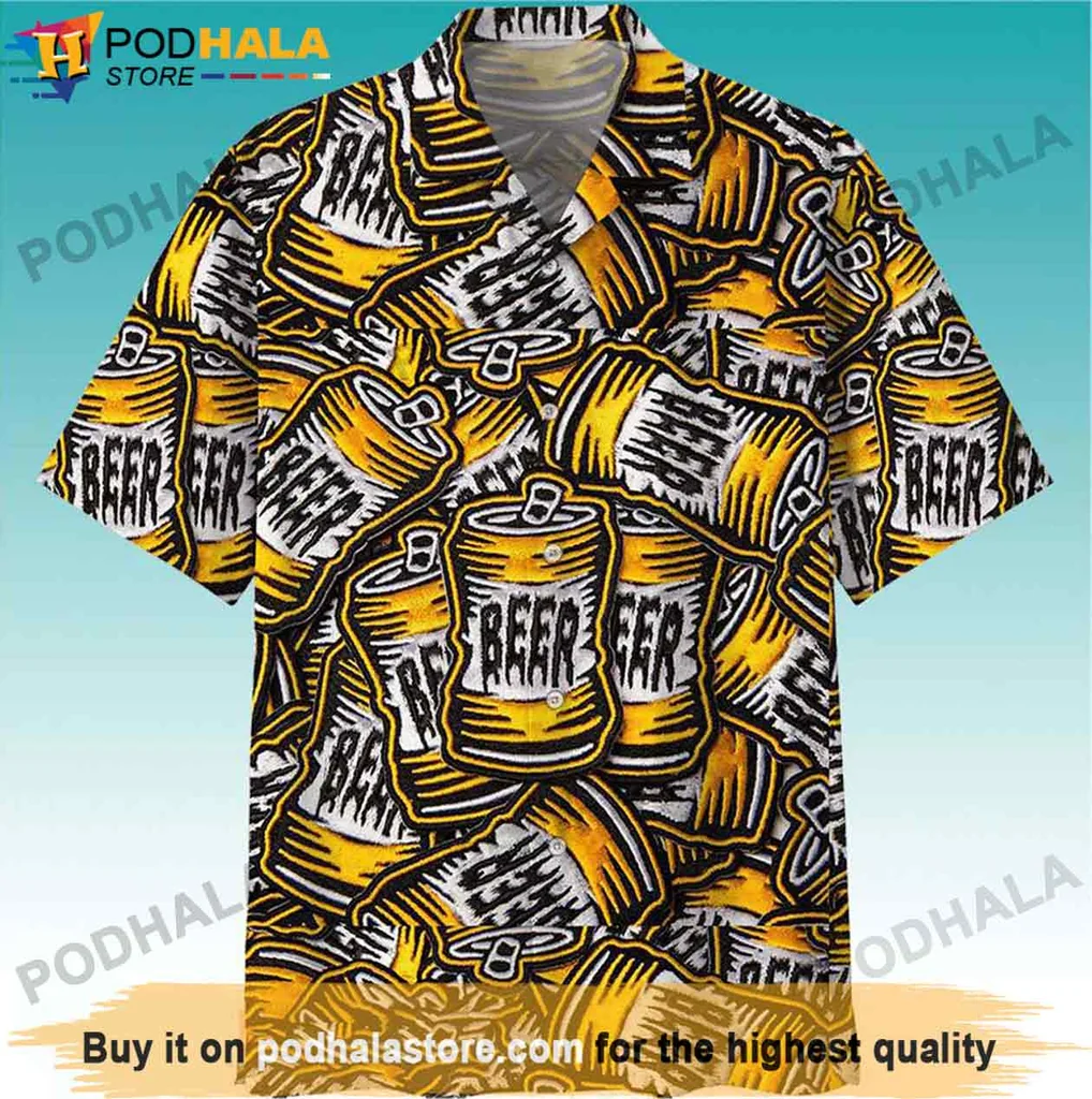 Funny Beer Can Hawaiian Shirt, Vibrant Yellow And Black Design For Beer Lovers