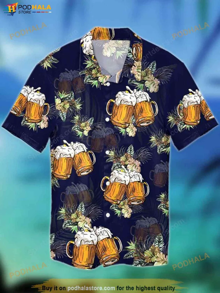 Funny Beer Mug Hawaiian Shirt, Tropical Summer Design With Palm Leaves