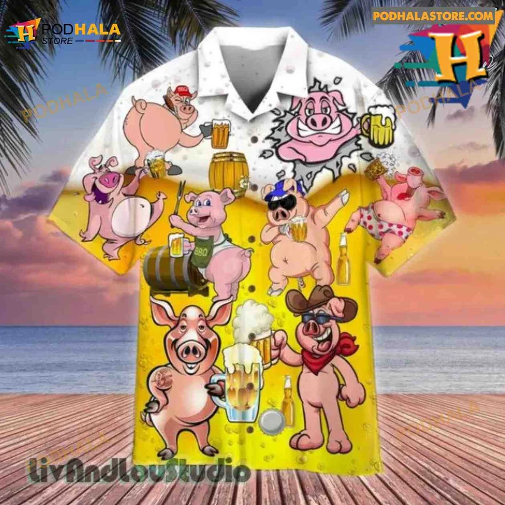 Funny Beer Pigs Hawaiian Shirt With Cartoon Pigs And Bright Colors