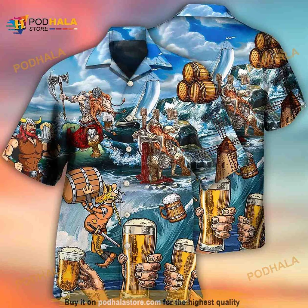 Funny Beer Viking Hawaiian Shirt, Whimsical Summer Aloha Shirt