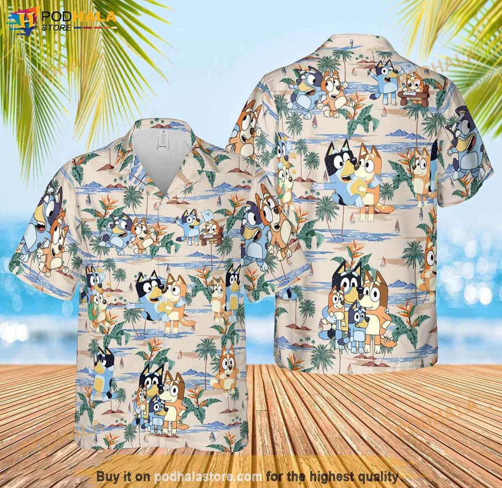 Funny Bluey Character Hawaiian Shirt, Vibrant Bluey Design, Perfect Birthday Gift